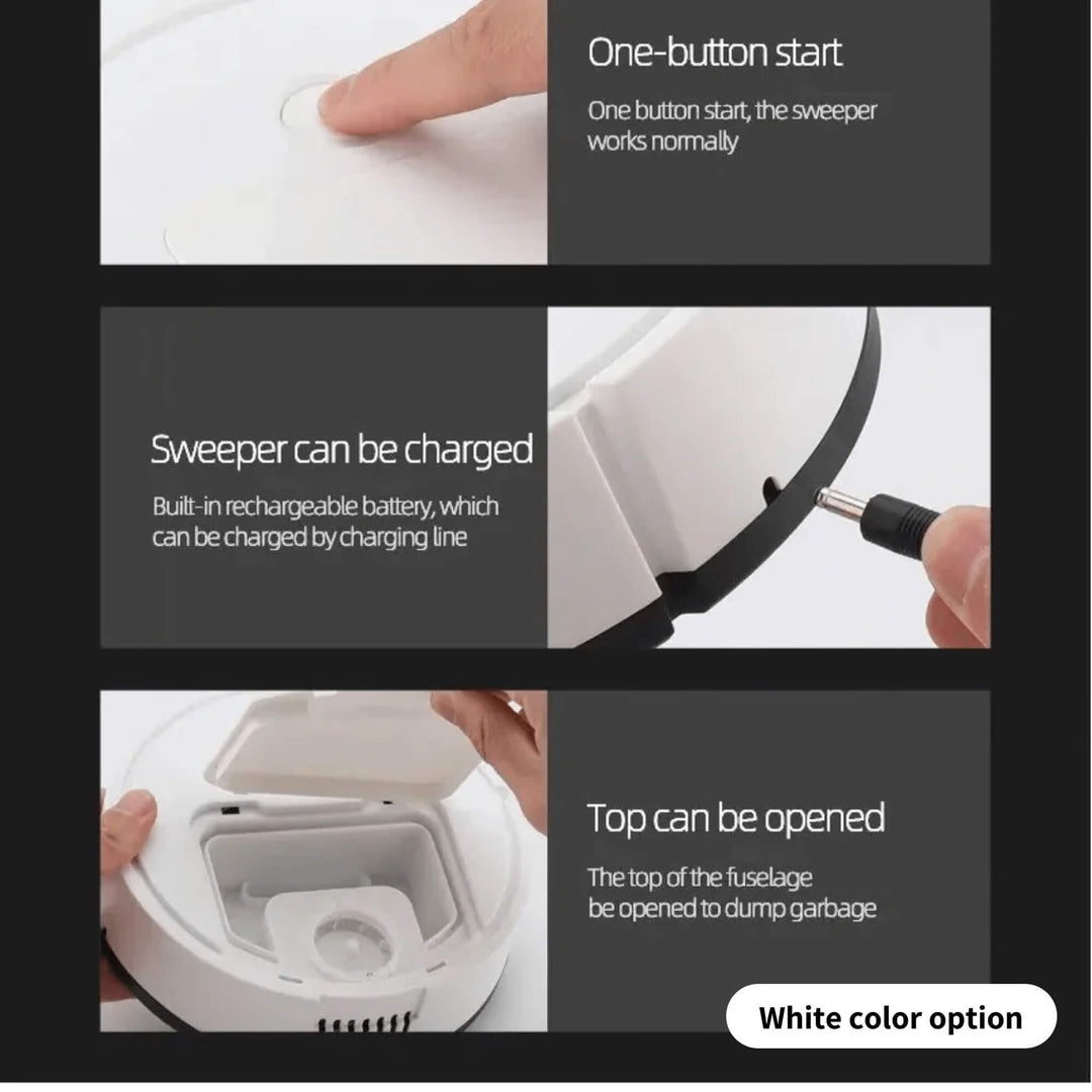 Cordless robotic vacuum cleaner with smart navigation on wooden floor, showcasing three-in-one sweeping, vacuuming, mopping.