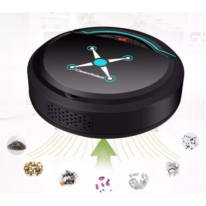 Cordless robotic vacuum cleaner with smart navigation on wooden floor, showcasing three-in-one sweeping, vacuuming, mopping.