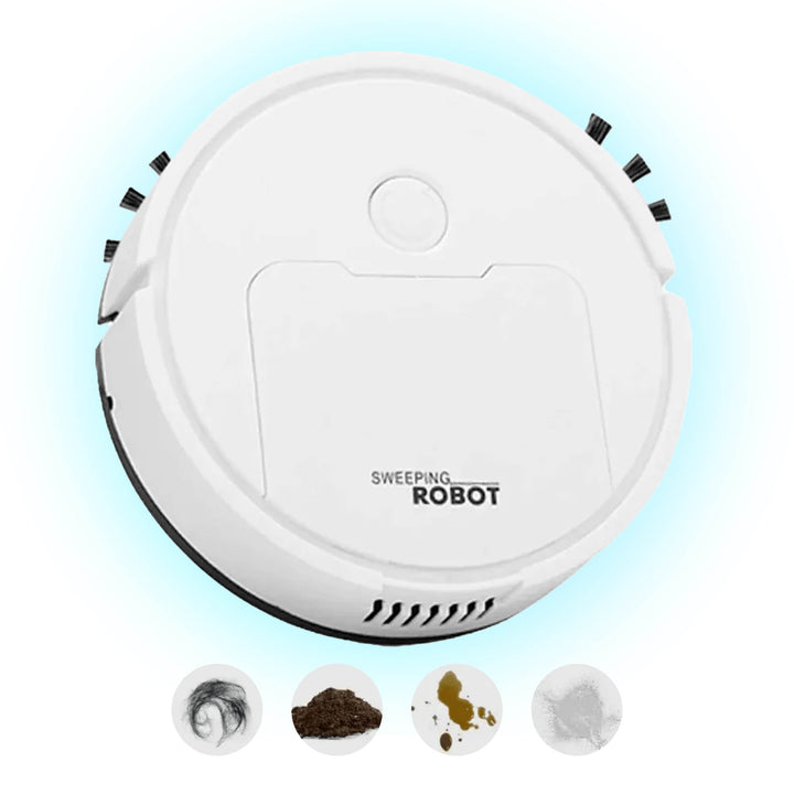 Cordless robotic vacuum cleaner with smart navigation on wooden floor, showcasing three-in-one sweeping, vacuuming, mopping.