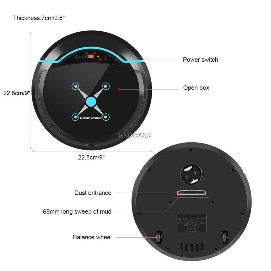 Cordless robotic vacuum cleaner with smart navigation on wooden floor, showcasing three-in-one sweeping, vacuuming, mopping.