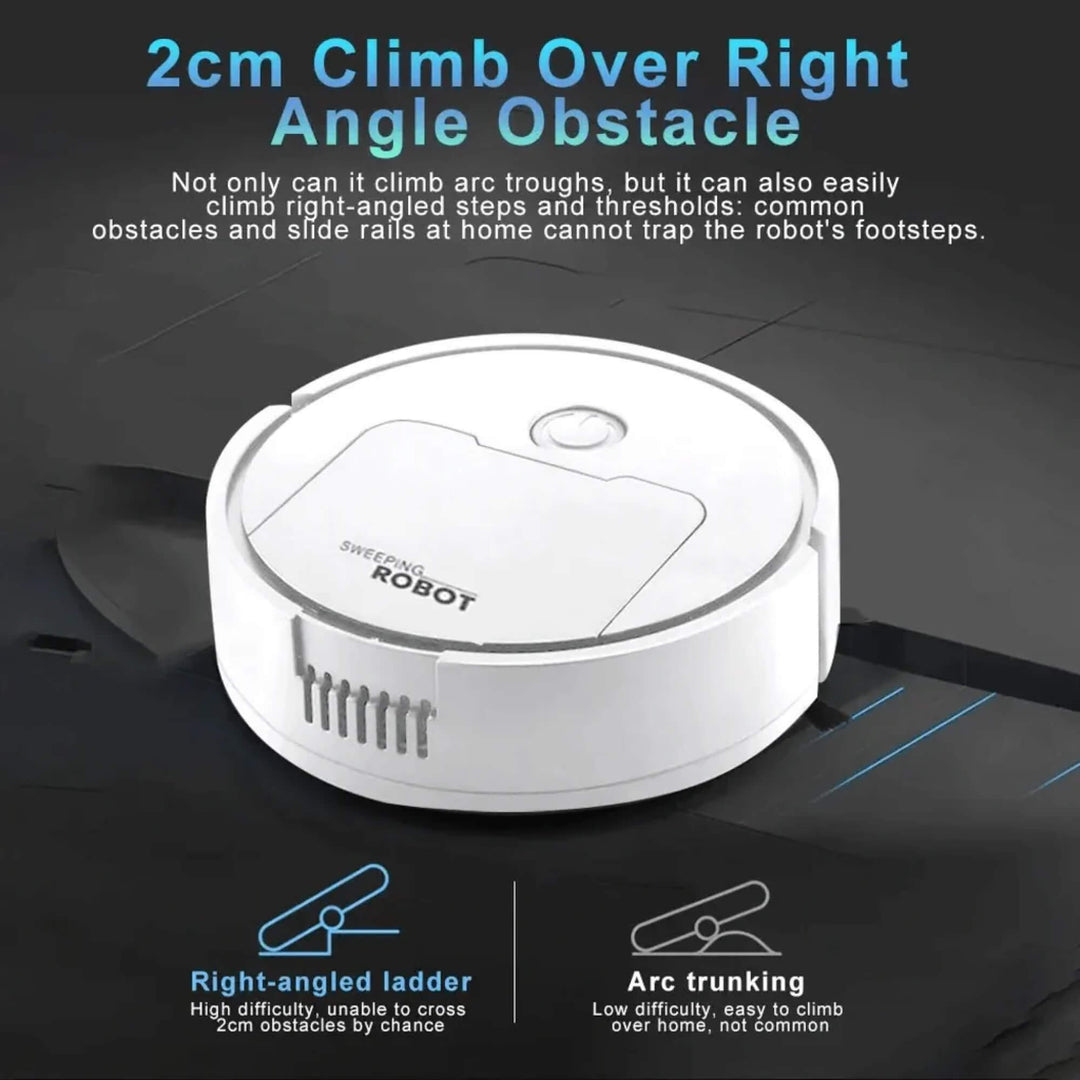 Cordless robotic vacuum cleaner with smart navigation on wooden floor, showcasing three-in-one sweeping, vacuuming, mopping.