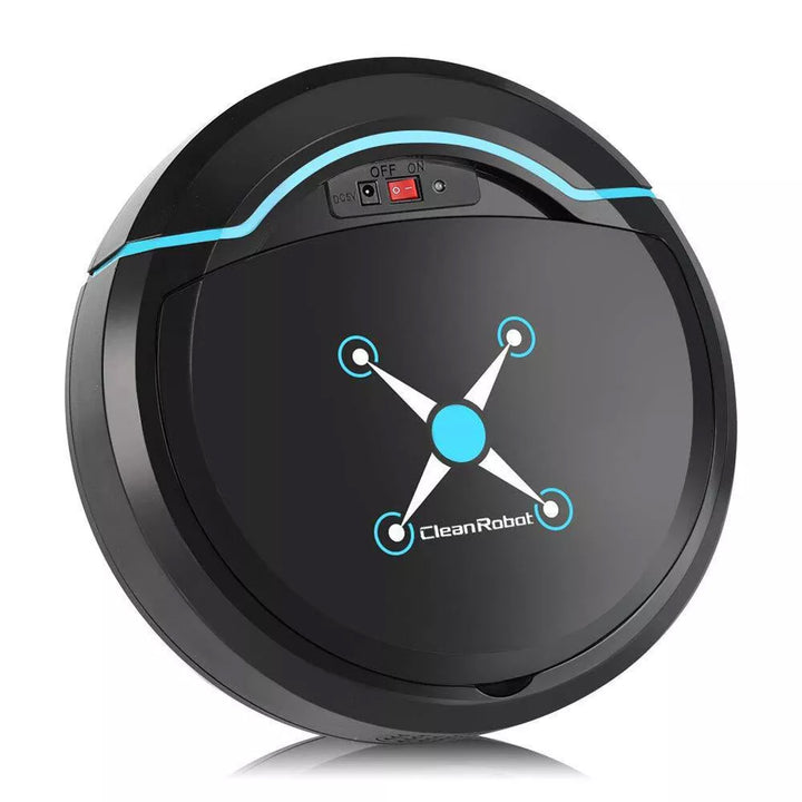 Cordless robotic vacuum cleaner with smart navigation on wooden floor, showcasing three-in-one sweeping, vacuuming, mopping.
