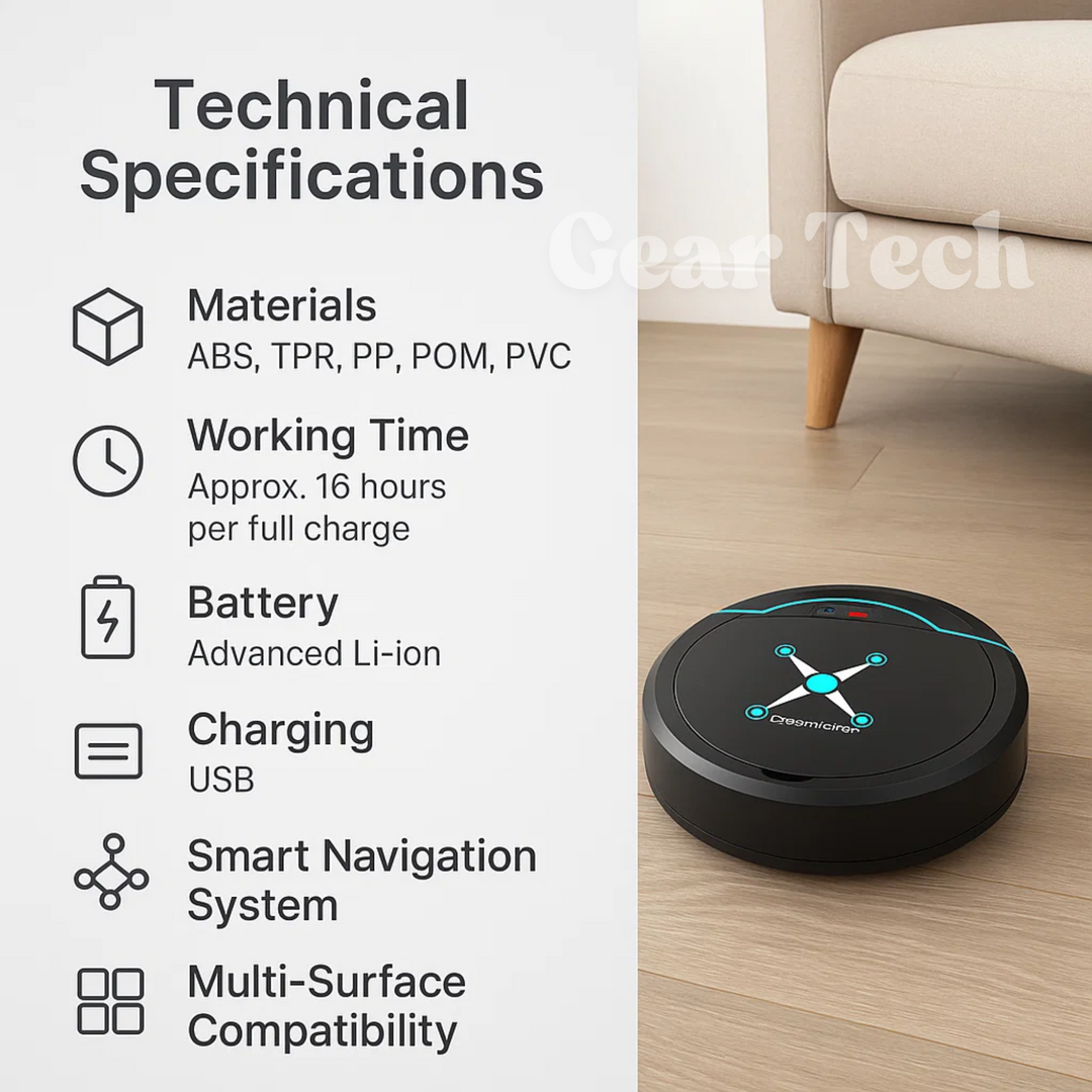 Cordless robotic vacuum cleaner with smart navigation on wooden floor, showcasing three-in-one sweeping, vacuuming, mopping.