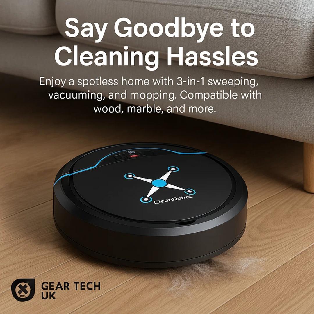 Cordless robotic vacuum cleaner with smart navigation on wooden floor, showcasing three-in-one sweeping, vacuuming, mopping.