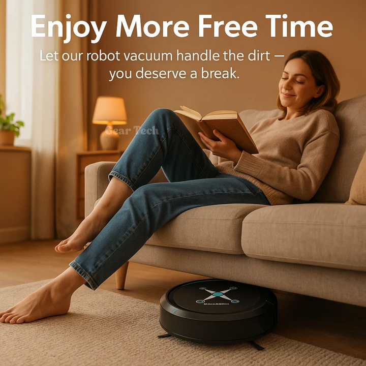 Cordless robotic vacuum cleaner with smart navigation on wooden floor, showcasing three-in-one sweeping, vacuuming, mopping.