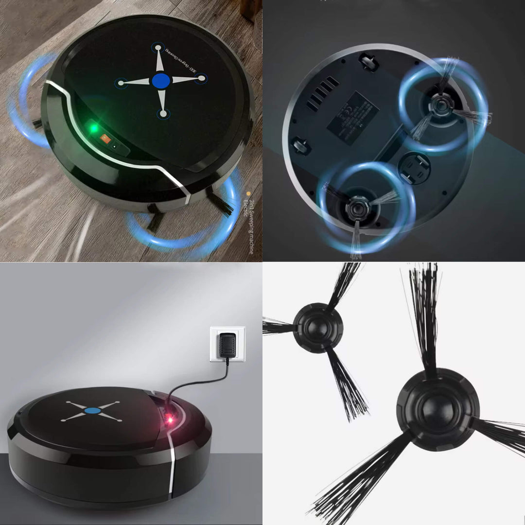 Cordless robotic vacuum cleaner with smart navigation on wooden floor, showcasing three-in-one sweeping, vacuuming, mopping.