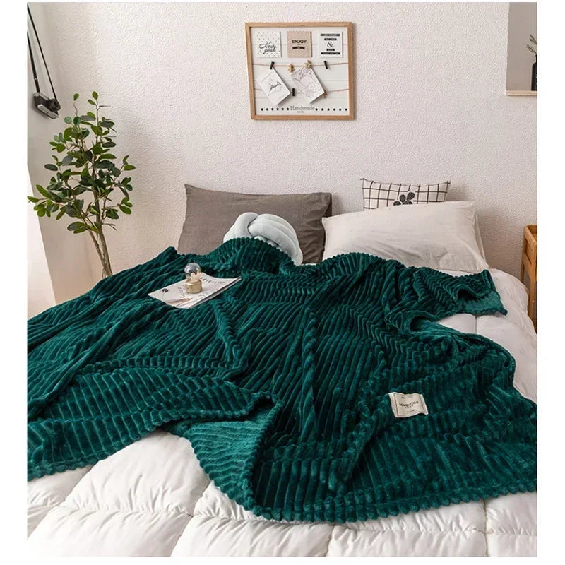 Cozy flannel throw blanket, thick and soft, perfect for warmth and comfort on a sofa or bed. Home decor accent.