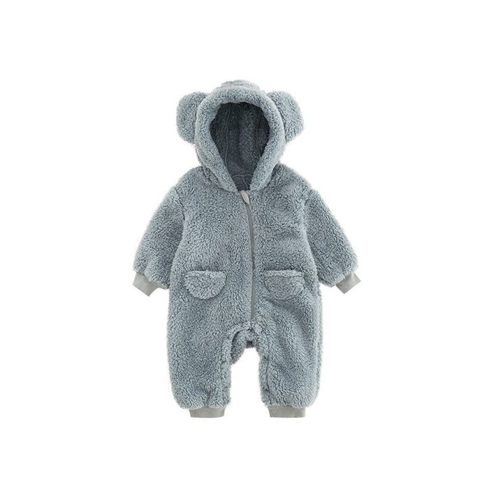 Cozy unisex baby fleece romper with playful animal print, perfect for warm infant winter wear.