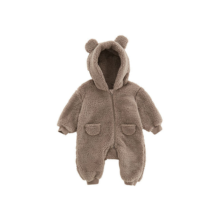 Adorable baby fleece romper featuring a fun animal print, ideal for newborns & toddlers. Soft & warm.