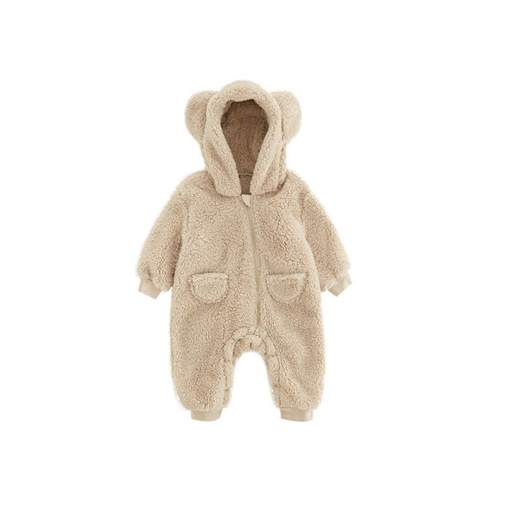 Warm fleece baby romper with a cute animal print design, ensuring cozy comfort for infants & toddlers.