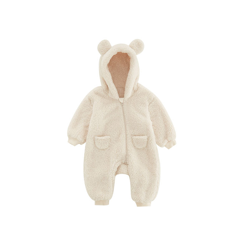 Unisex baby animal print fleece romper, a warm & cozy outfit for babies and toddlers in cooler weather.