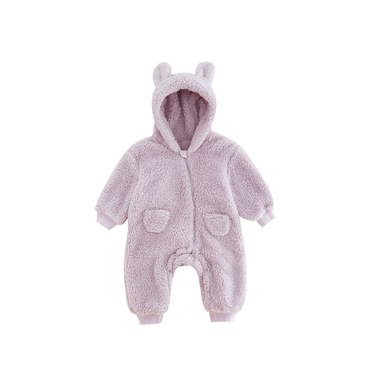 Snuggly winter baby fleece romper with playful animal print, providing warmth for newborns & infants.
