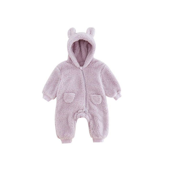 Snuggly winter baby fleece romper with playful animal print, providing warmth for newborns & infants.
