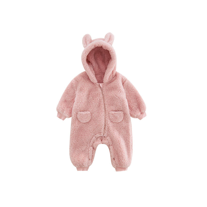 Soft, warm fleece baby romper with a vibrant animal print, a cozy and stylish outfit for unisex infants.