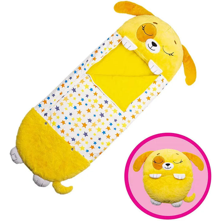 Foldable animal sleeping bag with plush cushion, great for kids' naps, sleepovers & travel.