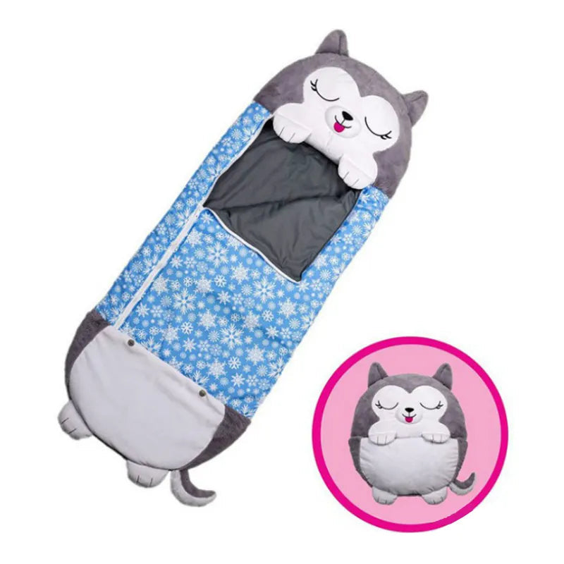 Toddler animal sleeping bag, soft foldable camping gear for comfy naps and play.