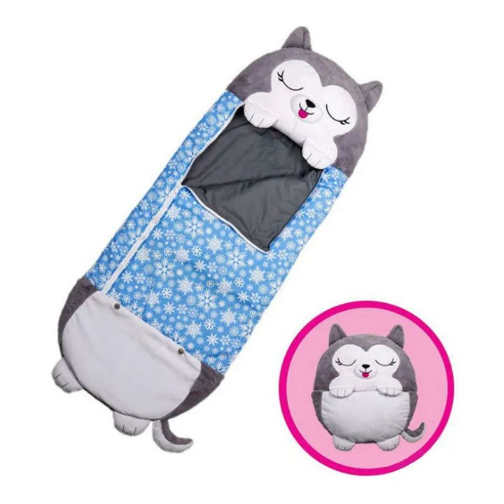 Toddler animal sleeping bag, soft foldable camping gear for comfy naps and play.