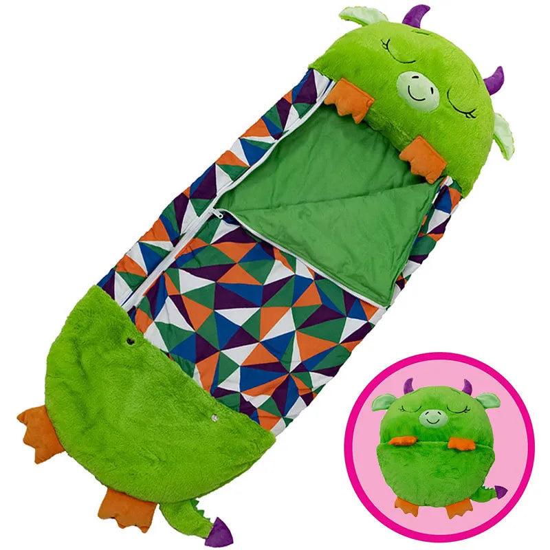 Versatile animal foldable sleeping bag, a plush nap mat & travel bed for kids.