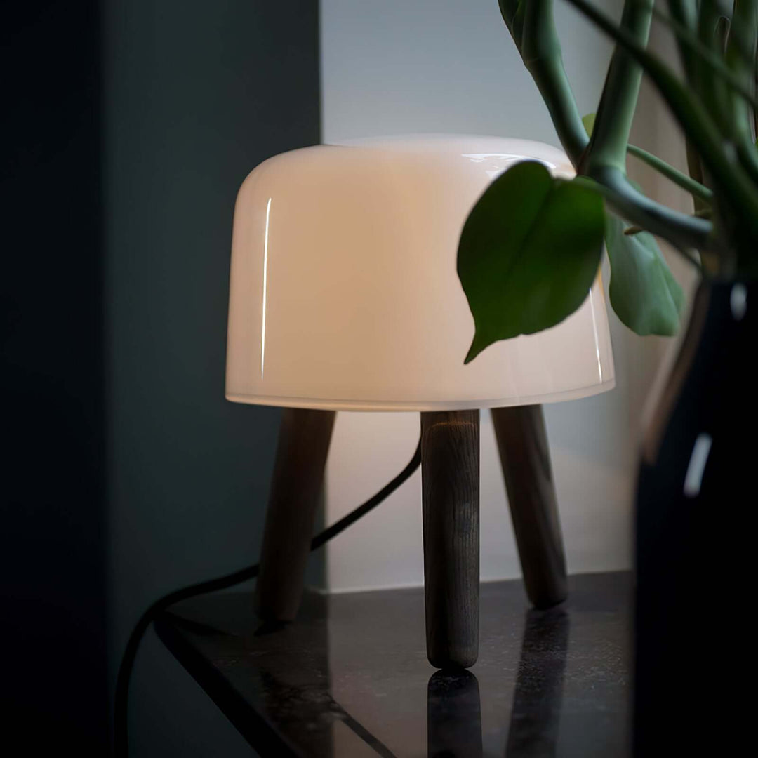 Wooden Tripod Table Lamp with Glass Shade