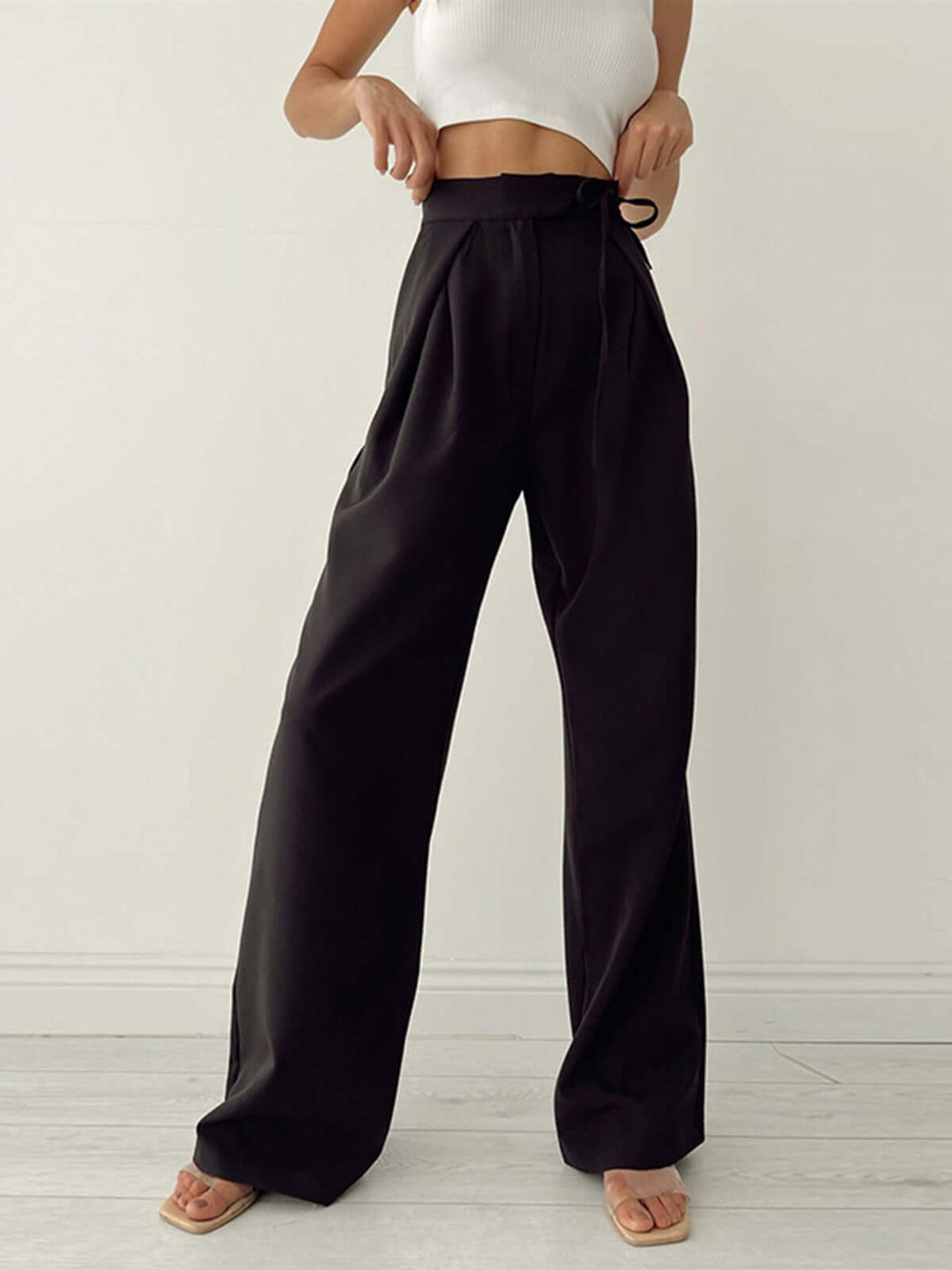 Women's Wide Leg Palazzo Trousers - Pleated High Waist