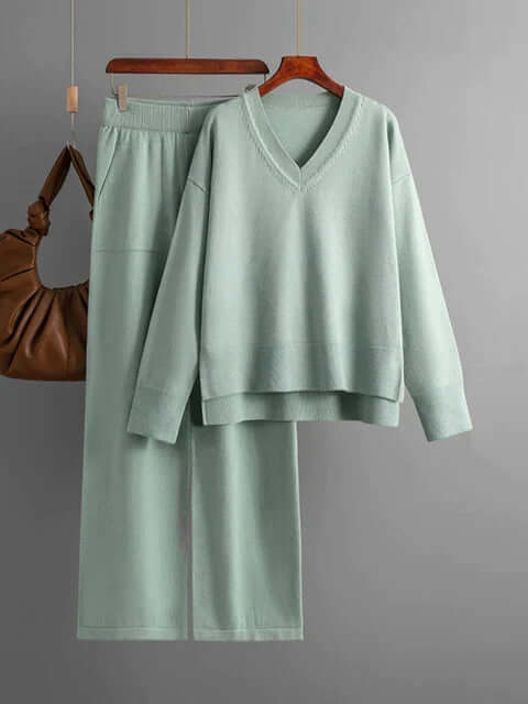 Women's V-Neck Sweater and Wide-Leg Trousers Set