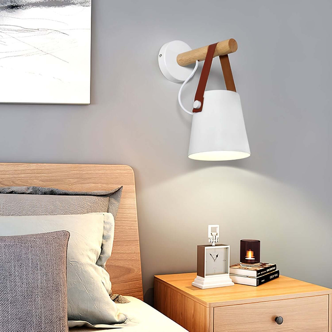 Conical Wooden Wall Light with Leather Strap