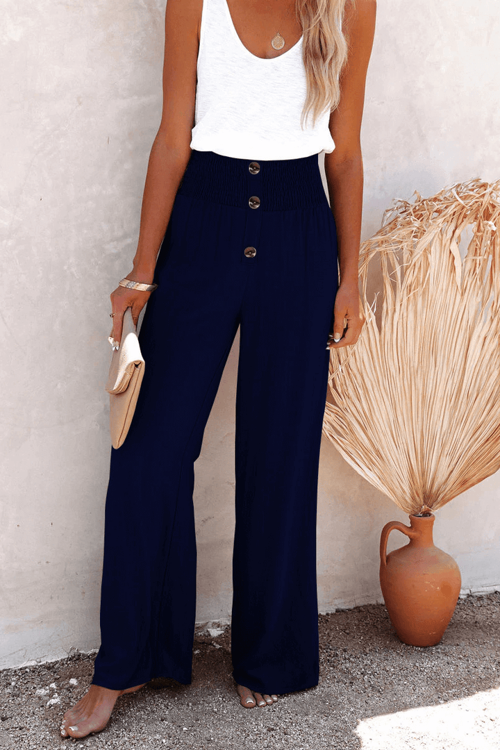 Women's Wide Leg Trousers with Button Closure