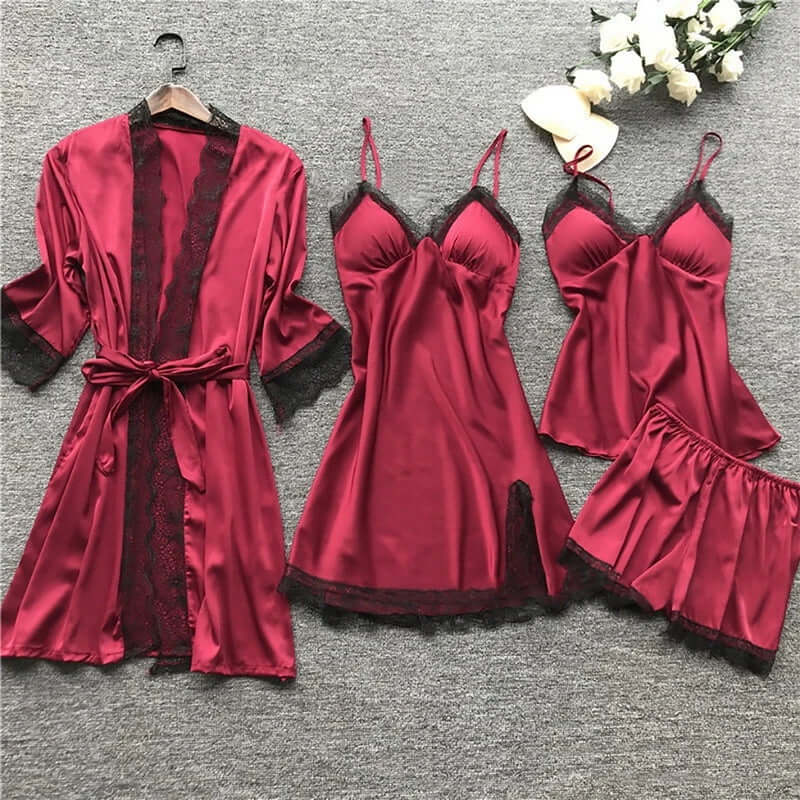 Women's 5-Piece Satin Sleepwear Set with Lace