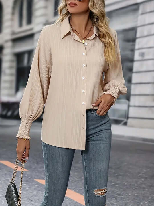 Women's ruffled blouse styled for weekend wear