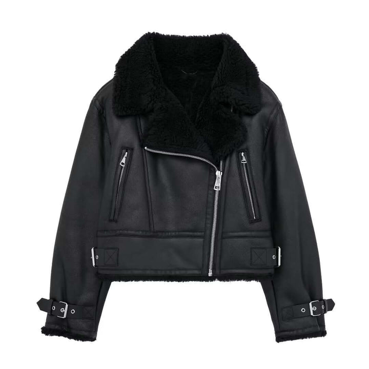 Women's Faux Leather Jacket with Fur Collar