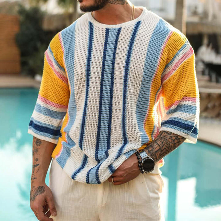 Men's Striped Knitted Sweater - Short Sleeve