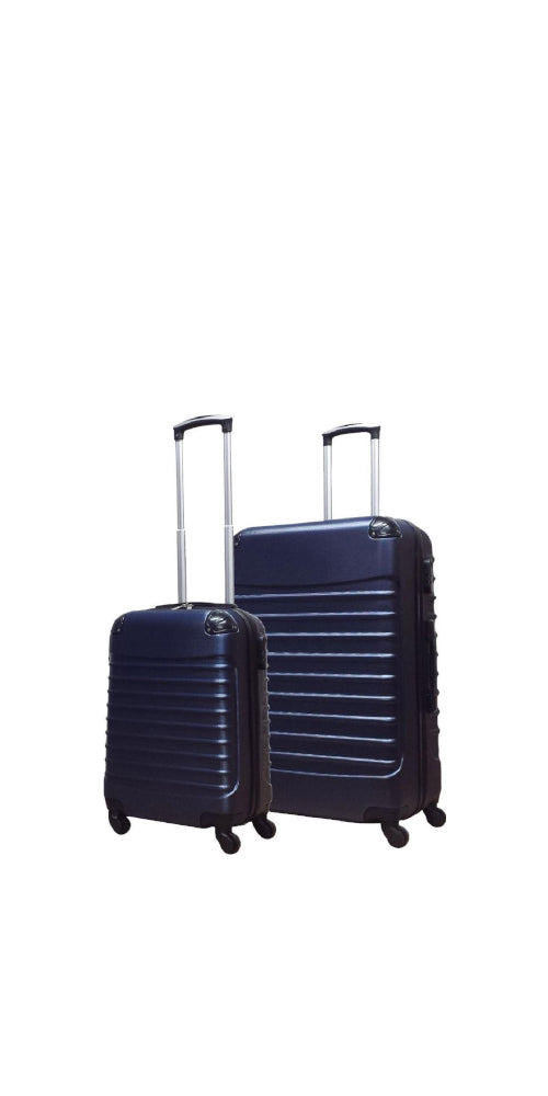 Dark blue 2-piece hardshell spinner luggage set for travel, including cabin and checked bags.