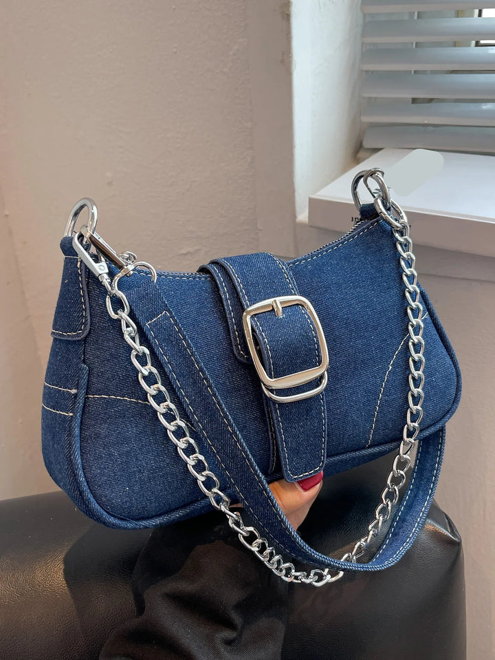 Dark blue women's two-way buckle shoulder handbag, versatile everyday fashion accessory.