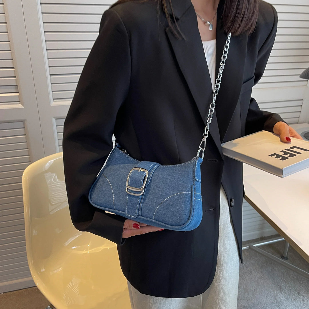 Dark blue women's two-way buckle everyday bag, a fashionable shoulder & crossbody handbag.