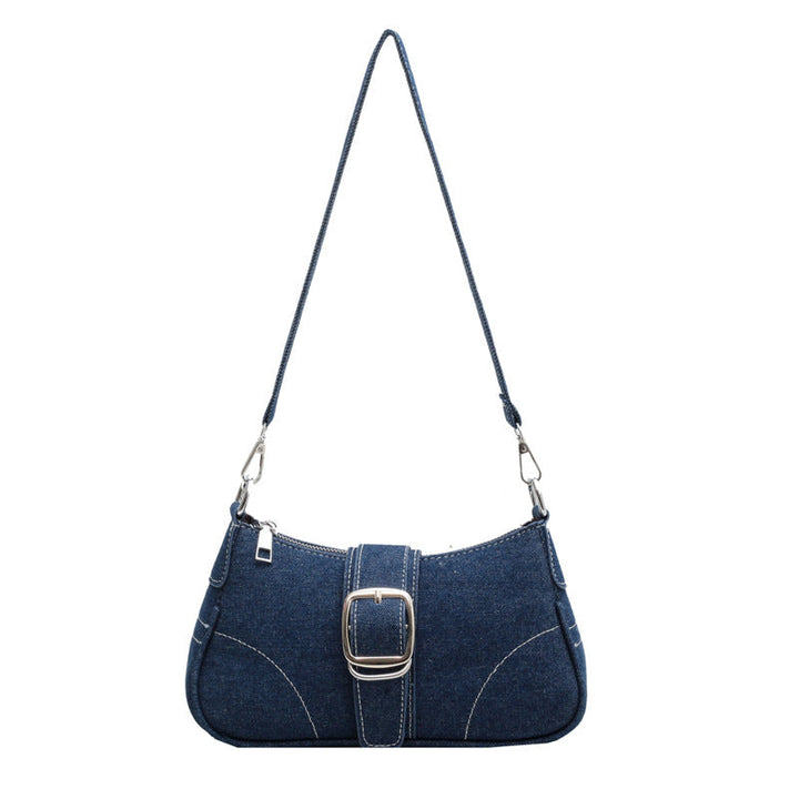 Women's dark blue shoulder handbag with two-way buckle, a chic and versatile crossbody bag.