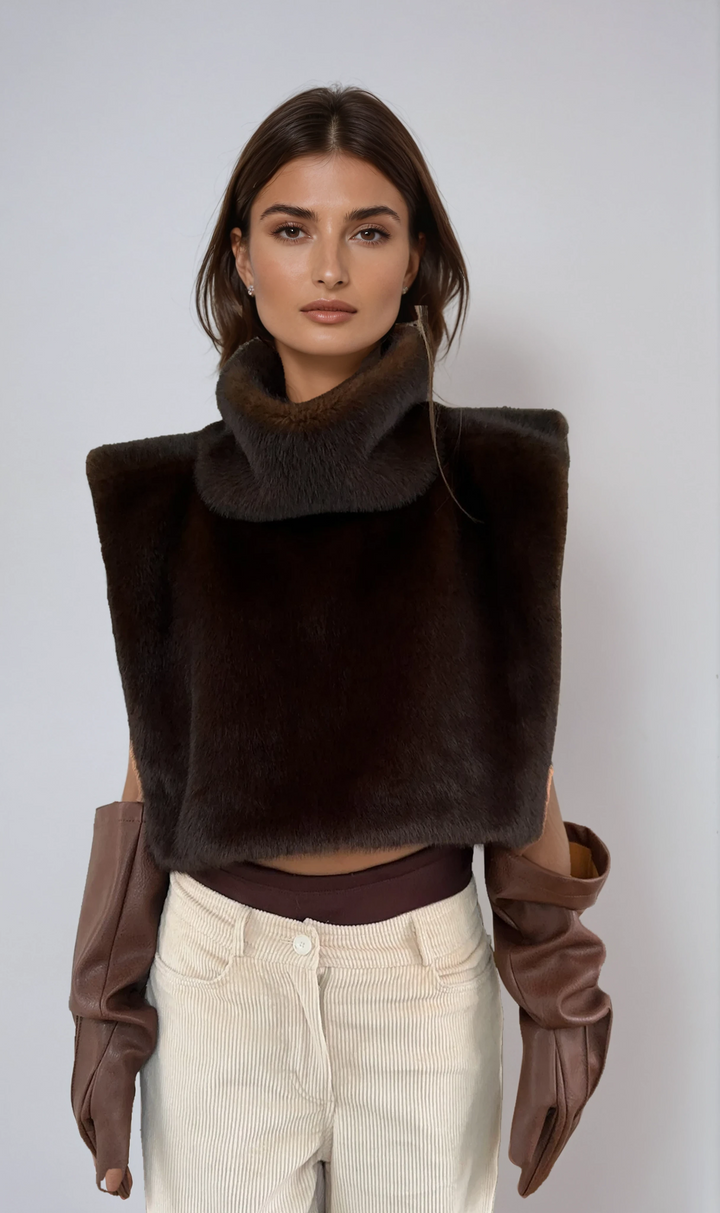 Dark brown luxurious faux fur turtleneck vest for women, perfect for winter layering.