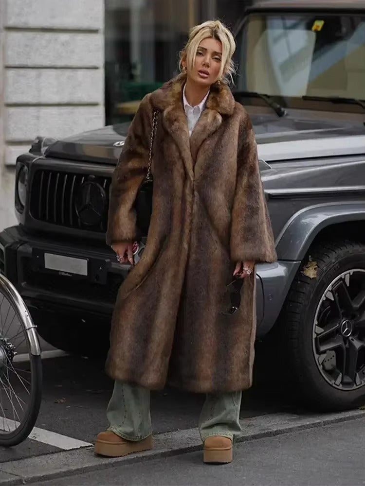 Warm & elegant dark brown long plush winter coat. Chic women's outerwear with a cozy oversized fit.
