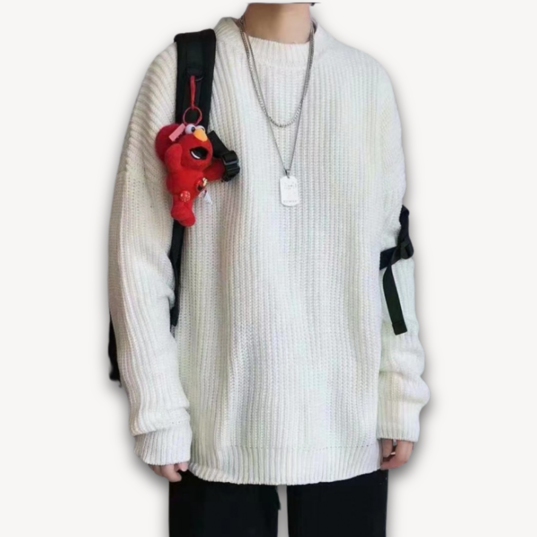 Dark green men's oversized knit sweater, soft acrylic, ribbed texture, cozy winter wear, casual elegance, warm menswear.
