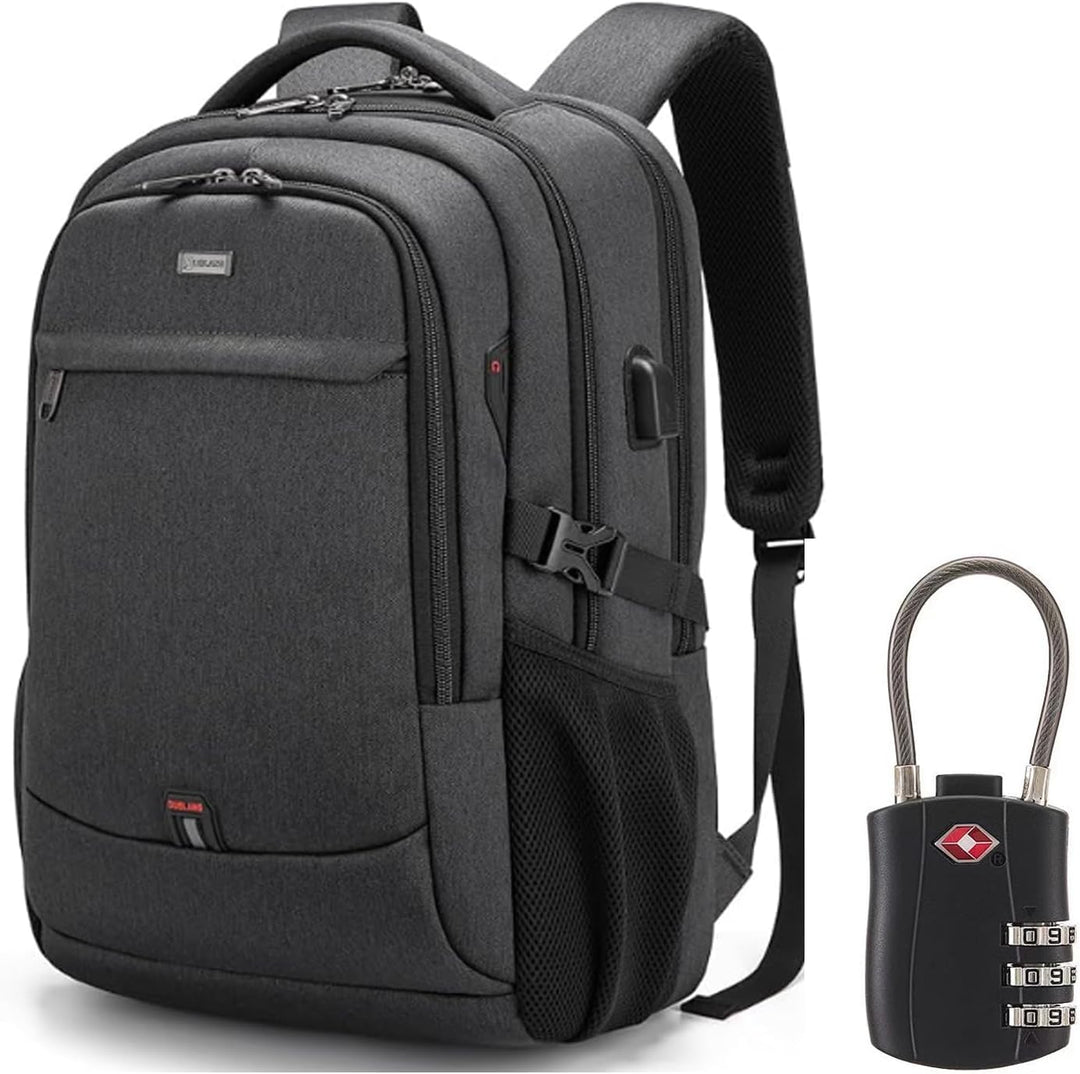 Dark grey unisex water-resistant travel laptop backpack with USB port & organized storage.