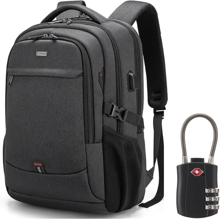 Dark grey unisex water-resistant travel laptop backpack with USB port & organized storage.