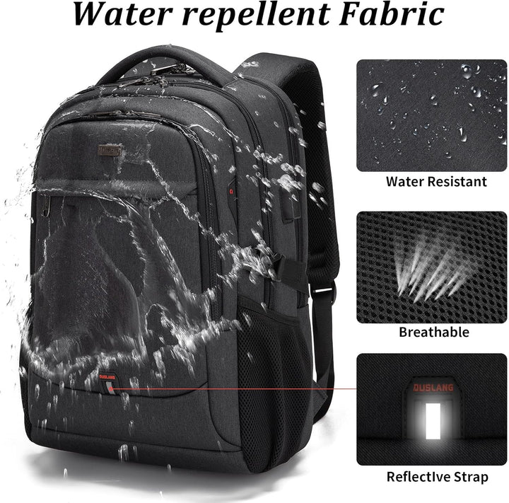 Blue durable travel bag, water-resistant with USB charging & organized compartments.