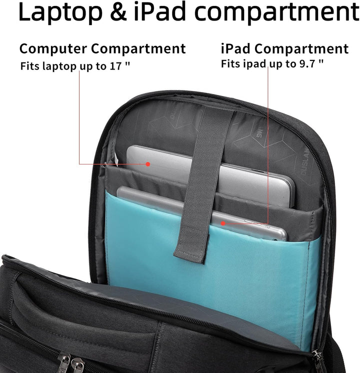 Light grey unisex work laptop backpack with USB port & water-resistant finish.