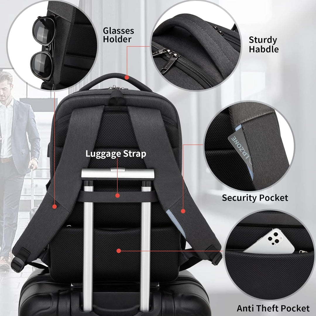 Dark grey college backpack with organized interior, USB charging & anti-theft.