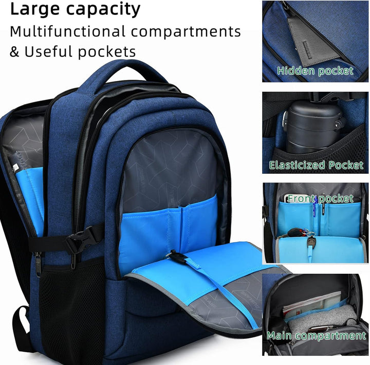 Blue college daypack, durable & water-resistant, with USB charging capability.
