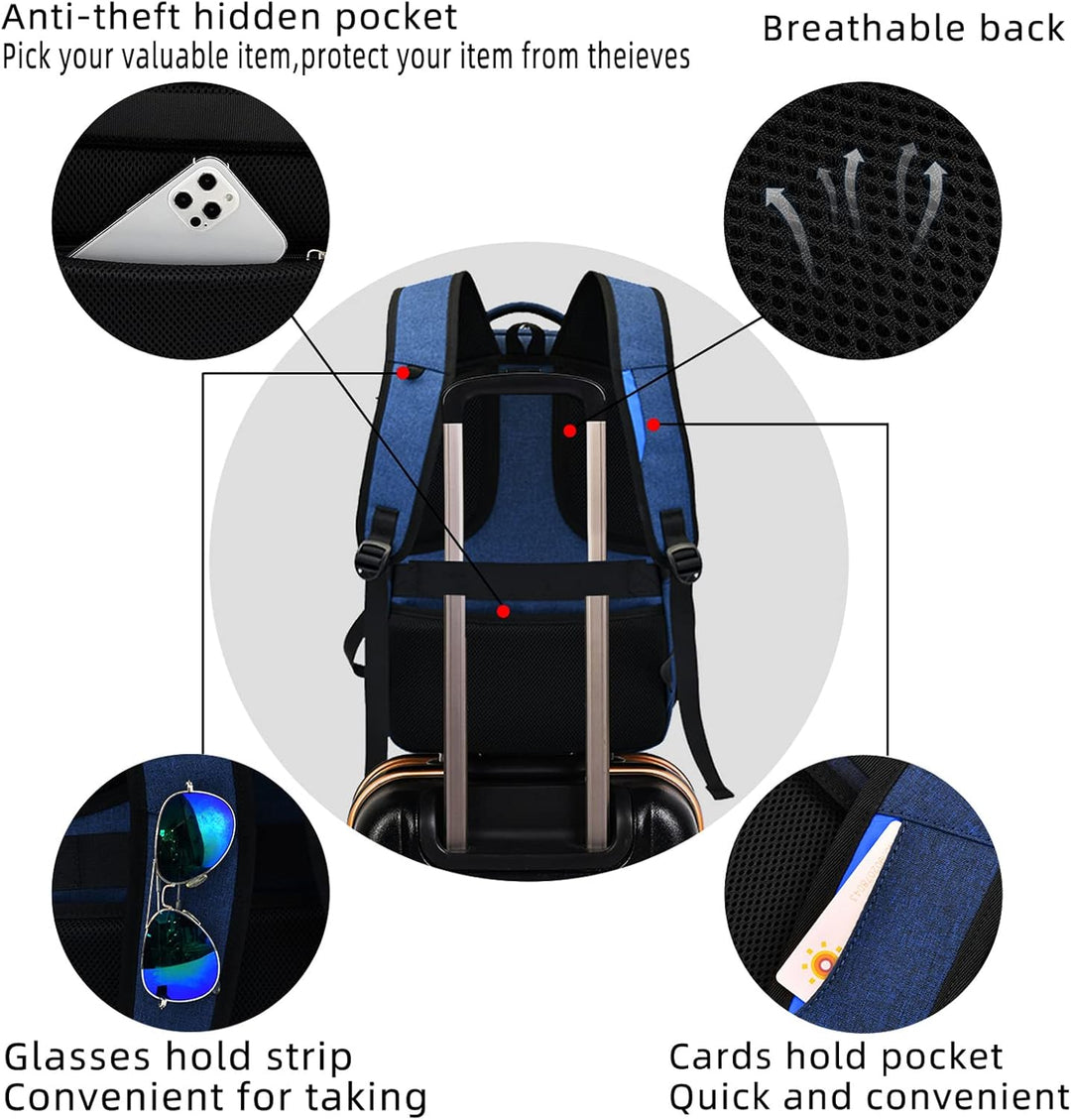 Dark grey durable carry-on daypack, water-resistant with USB port for travel.