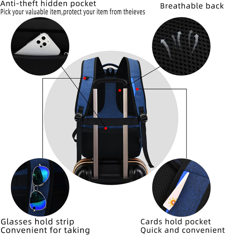 Dark grey durable carry-on daypack, water-resistant with USB port for travel.