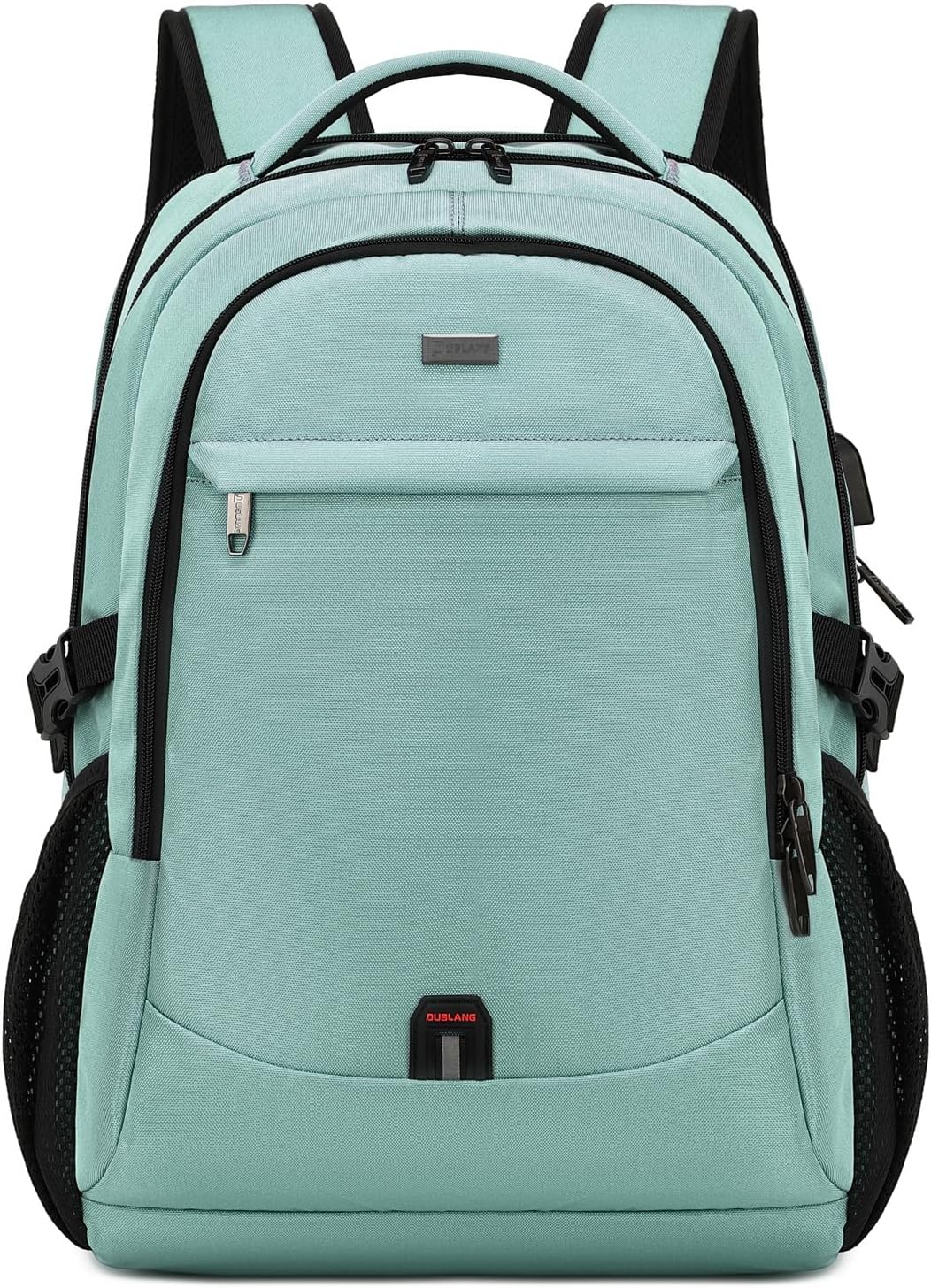 Blue anti-theft college laptop backpack, water-resistant with USB charging.