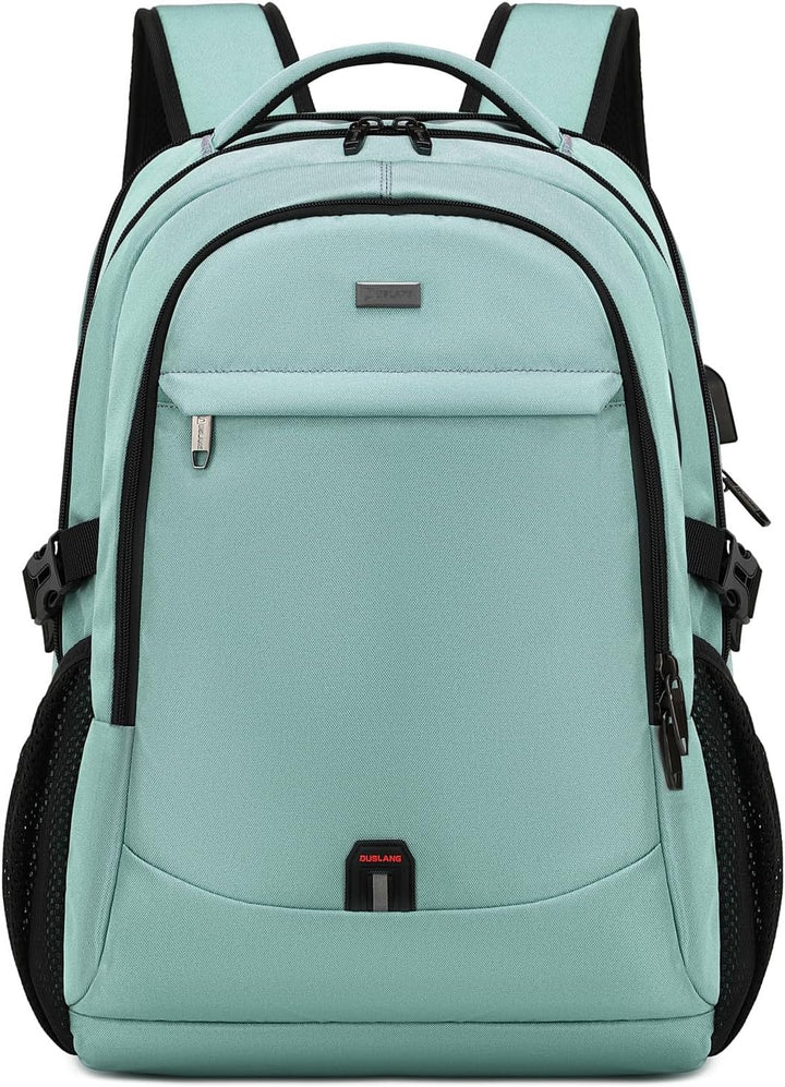 Blue anti-theft college laptop backpack, water-resistant with USB charging.