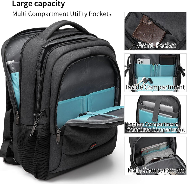 Light grey daypack, water-resistant carry-on with USB port & organized compartments.