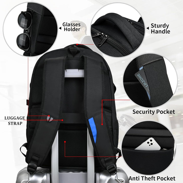 Rose anti-theft work backpack, water-resistant with USB charging feature.